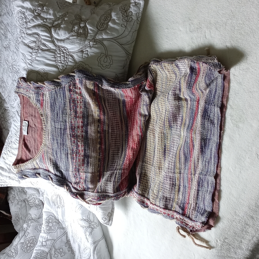 Zara size S, woven cotton, reds, blues, yellows sheeth dress, lace up sides